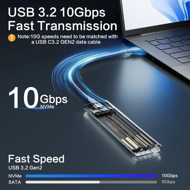 Alt view image 2 of 6 - M.2 NVMe SSD Enclosure, High-Speed to USB Enclosure with USB 3.2 Gen 2 10Gbps, Compatibility for NVMe SSD M-Key/(B+M) Key, for 2230/2242/2260/2280 SSDs with C-C to A Cable