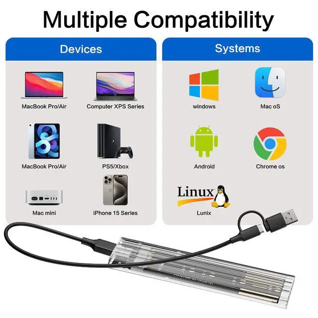 Alt view image 4 of 6 - M.2 NVMe SSD Enclosure, High-Speed to USB Enclosure with USB 3.2 Gen 2 10Gbps, Compatibility for NVMe SSD M-Key/(B+M) Key, for 2230/2242/2260/2280 SSDs with C-C to A Cable
