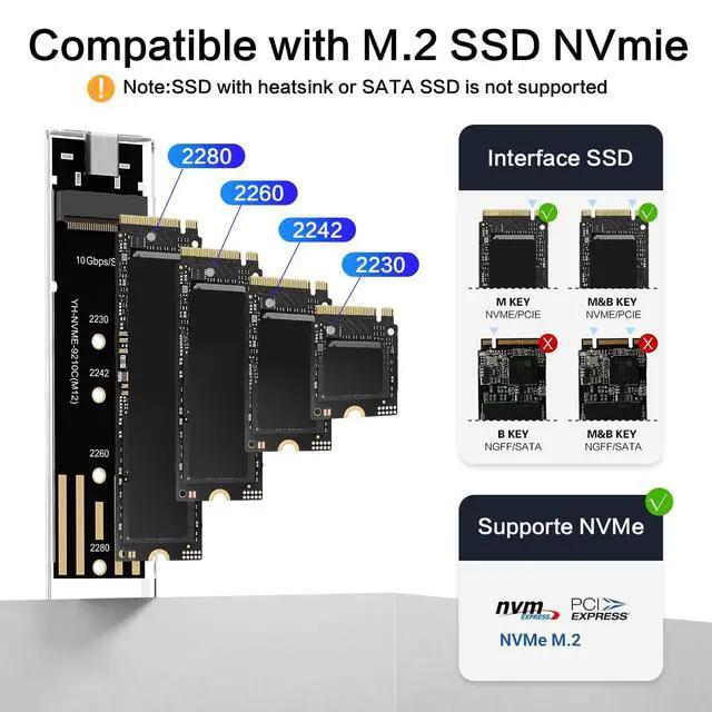 Alt view image 3 of 6 - M.2 NVMe SSD Enclosure, High-Speed to USB Enclosure with USB 3.2 Gen 2 10Gbps, Compatibility for NVMe SSD M-Key/(B+M) Key, for 2230/2242/2260/2280 SSDs with C-C to A Cable
