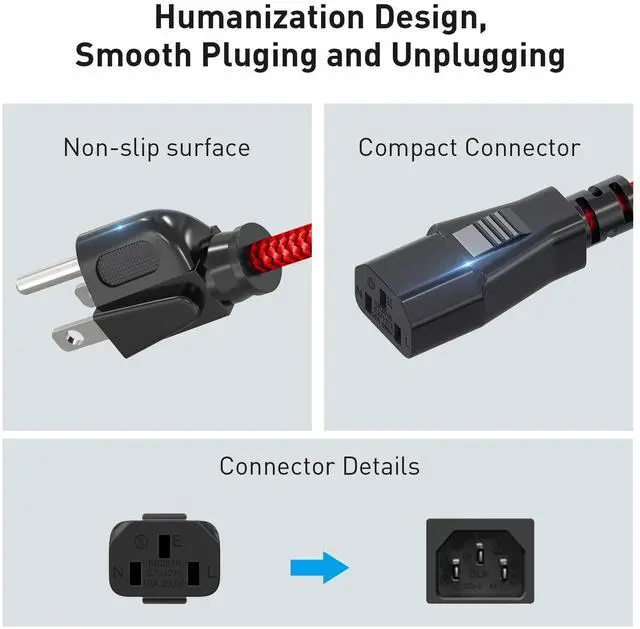 Alt view image 3 of 7 - Power Cord, Goalfish 10A 18AWG AC Power Cable 10FT(3m) Nylon Braided 3 Prong Power Cord Replacement Power Cable UL Certified for Computer, TV, Monitor, Printer, PC, Projector, Power Supply - Red