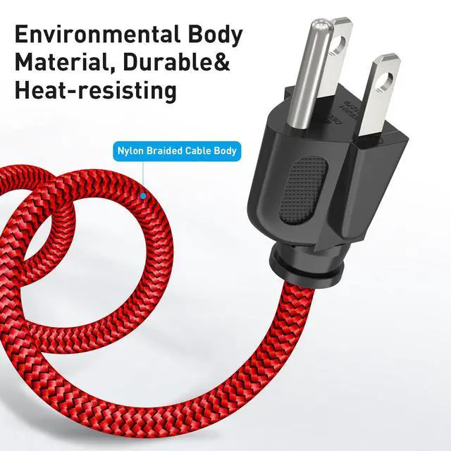 Alt view image 2 of 7 - Power Cord, Goalfish 10A 18AWG AC Power Cable 10FT(3m) Nylon Braided 3 Prong Power Cord Replacement Power Cable UL Certified for Computer, TV, Monitor, Printer, PC, Projector, Power Supply - Red