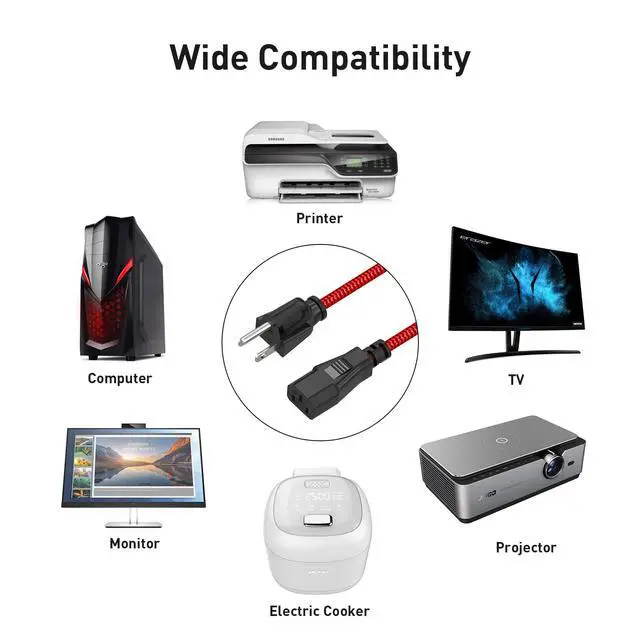 Alt view image 6 of 7 - Power Cord, Goalfish 10A 18AWG AC Power Cable 10FT(3m) Nylon Braided 3 Prong Power Cord Replacement Power Cable UL Certified for Computer, TV, Monitor, Printer, PC, Projector, Power Supply - Red