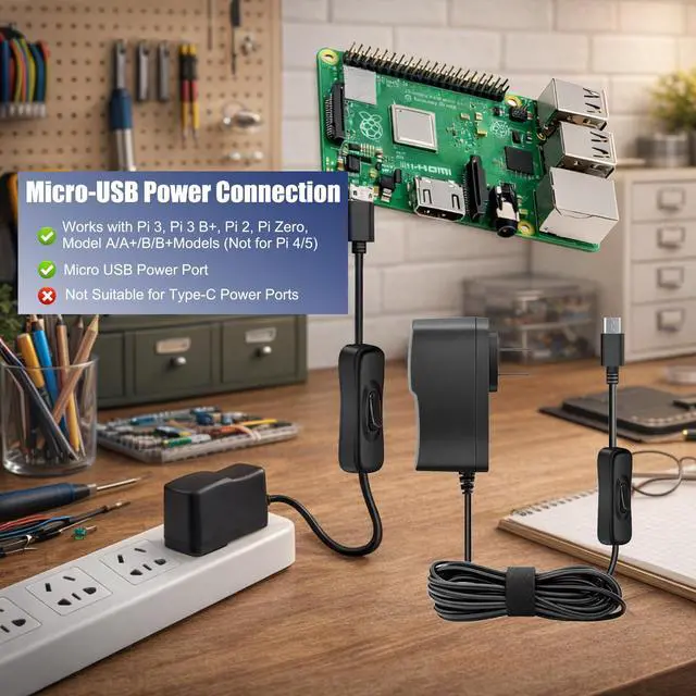 Alt view image 5 of 5 - 5V 2.5A Micro USB Power Supply Adapter with ON/Off Switch, Compatible with Raspberry Pi 3/3 B+, Pi 2, Zero, Model A/A+/B/B+ (Not for Pi 4/5)