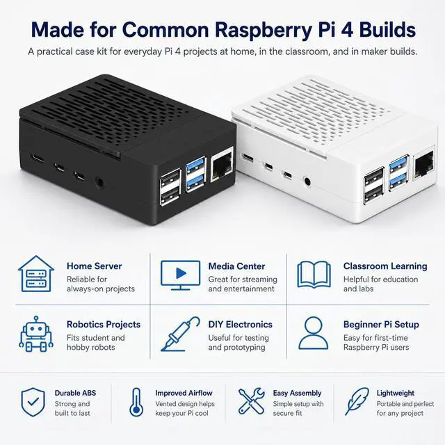 Alt view image 3 of 7 - Case for Raspberry Pi 4, ABS Pi 4 Case with Cooling Fan, Pi 4 Heatsink, Simple Removable Top Cover for Pi 4 Model B/ 4B