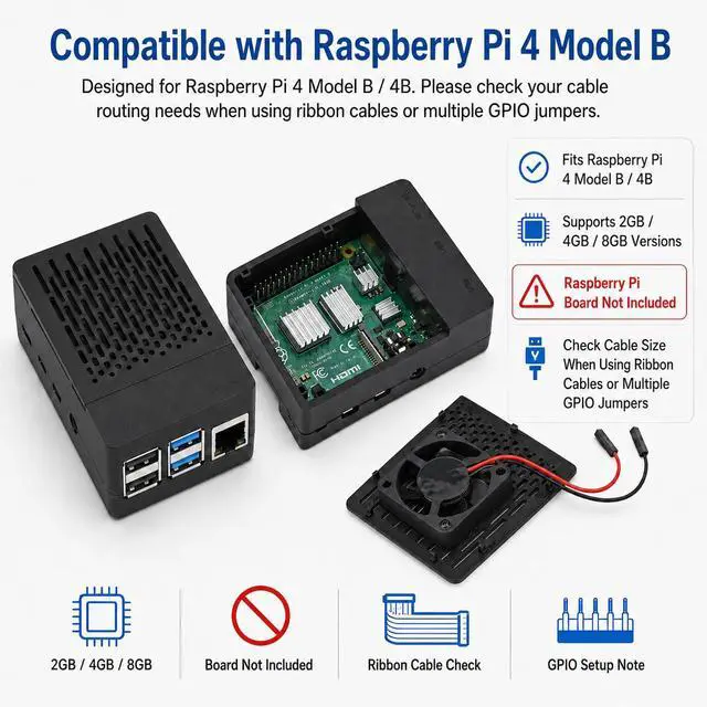 Alt view image 4 of 7 - Case for Raspberry Pi 4, ABS Pi 4 Case with Cooling Fan, Pi 4 Heatsink, Simple Removable Top Cover for Pi 4 Model B/ 4B