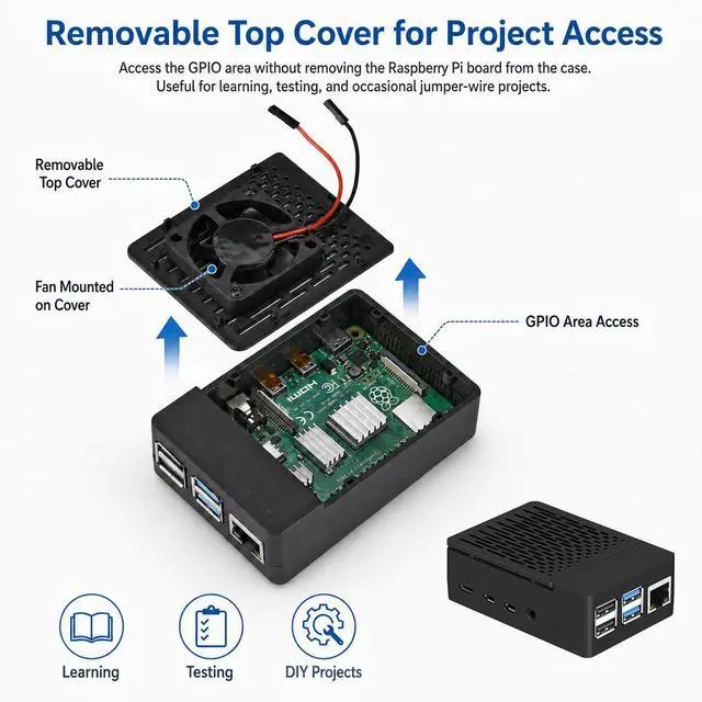 Alt view image 5 of 7 - Case for Raspberry Pi 4, ABS Pi 4 Case with Cooling Fan, Pi 4 Heatsink, Simple Removable Top Cover for Pi 4 Model B/ 4B