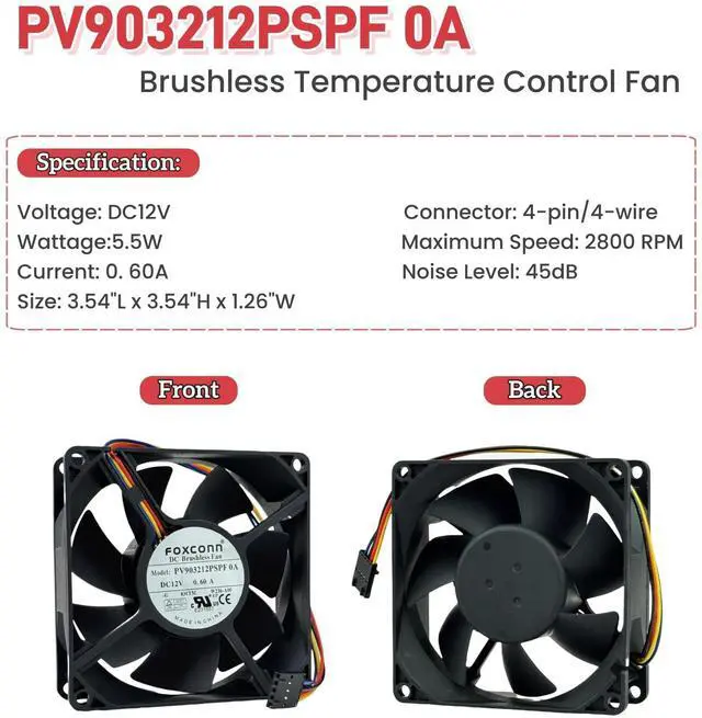 Alt view image 2 of 7 - PV903212PSPF 0A DC Brushless Temperature Control Fan, 9CM DC12V 0.60A 4-Wire for PV903212PSPF 0A Chassis CPU Cooling Fan