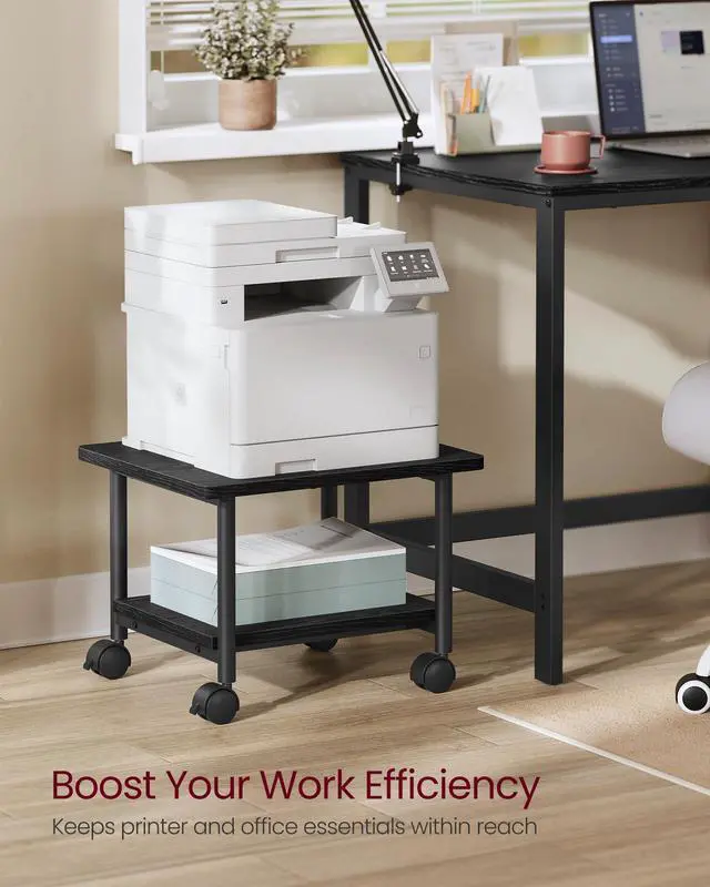 Alt view image 3 of 7 - Printer Stand with Locking Wheels, Industrial Mobile Cart, Under Desk Printer Table for Home Office, 18.9 x 15.7 x 13.4 Inches, Storage Shelf, 2-Tier, Ebony Black