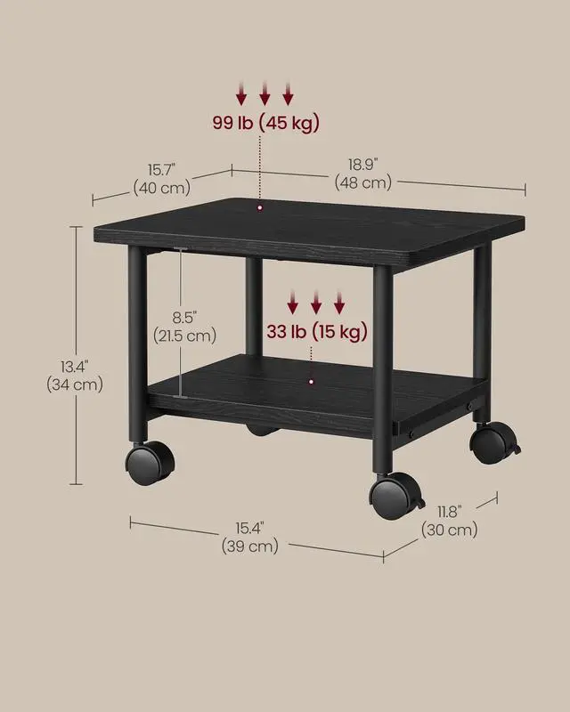 Alt view image 6 of 7 - Printer Stand with Locking Wheels, Industrial Mobile Cart, Under Desk Printer Table for Home Office, 18.9 x 15.7 x 13.4 Inches, Storage Shelf, 2-Tier, Ebony Black