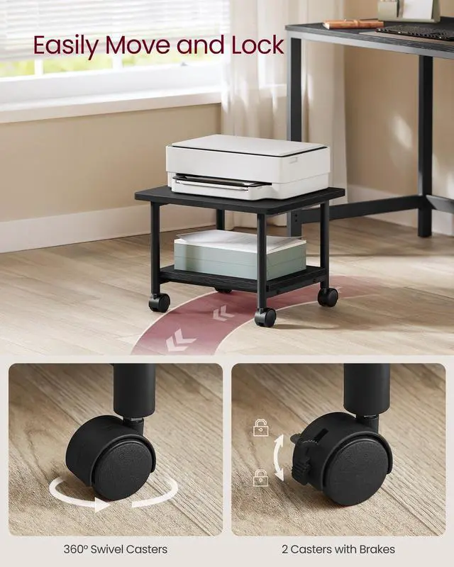 Alt view image 5 of 7 - Printer Stand with Locking Wheels, Industrial Mobile Cart, Under Desk Printer Table for Home Office, 18.9 x 15.7 x 13.4 Inches, Storage Shelf, 2-Tier, Ebony Black