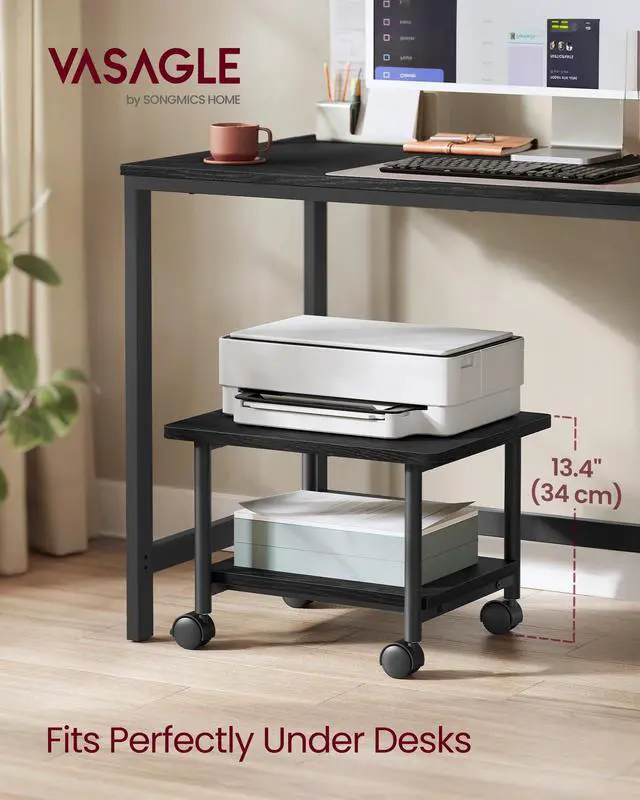 Alt view image 2 of 7 - Printer Stand with Locking Wheels, Industrial Mobile Cart, Under Desk Printer Table for Home Office, 18.9 x 15.7 x 13.4 Inches, Storage Shelf, 2-Tier, Ebony Black