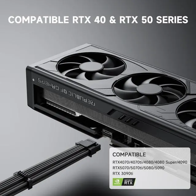 Alt view image 5 of 7 - Black PSU Extension Cable Kit, Metallic Sheen Braided Sleeved Cables, 34cm 12VHPWR 16-Pin Pcie 5.0 GPU Extension, 24-Pin ATX & 8-Pin EPS for RTX 50/40 Series, Custom PC Build