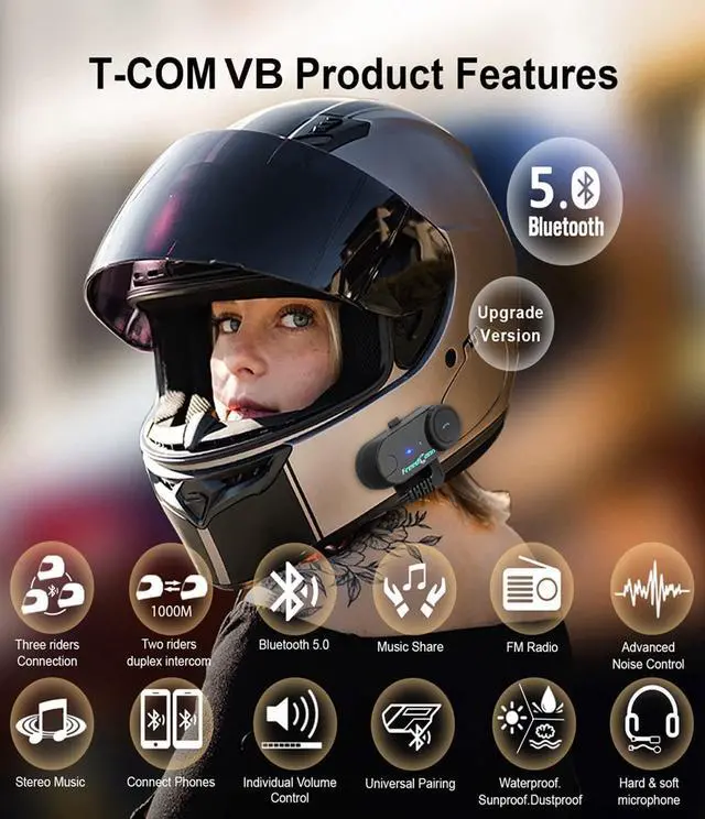 Alt view image 2 of 7 - Motorcycle Helmet Bluetooth Headset,TCOM VB with Music Sharing 2-Riders 800M Universal Intercom Communication Systems,Waterproof Motobike Interphone/FM/Siri/BT5.0/2 in 1 Mic for All Helmets