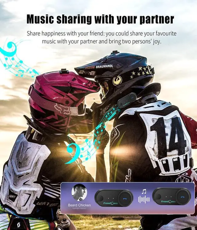 Alt view image 3 of 7 - Motorcycle Helmet Bluetooth Headset,TCOM VB with Music Sharing 2-Riders 800M Universal Intercom Communication Systems,Waterproof Motobike Interphone/FM/Siri/BT5.0/2 in 1 Mic for All Helmets