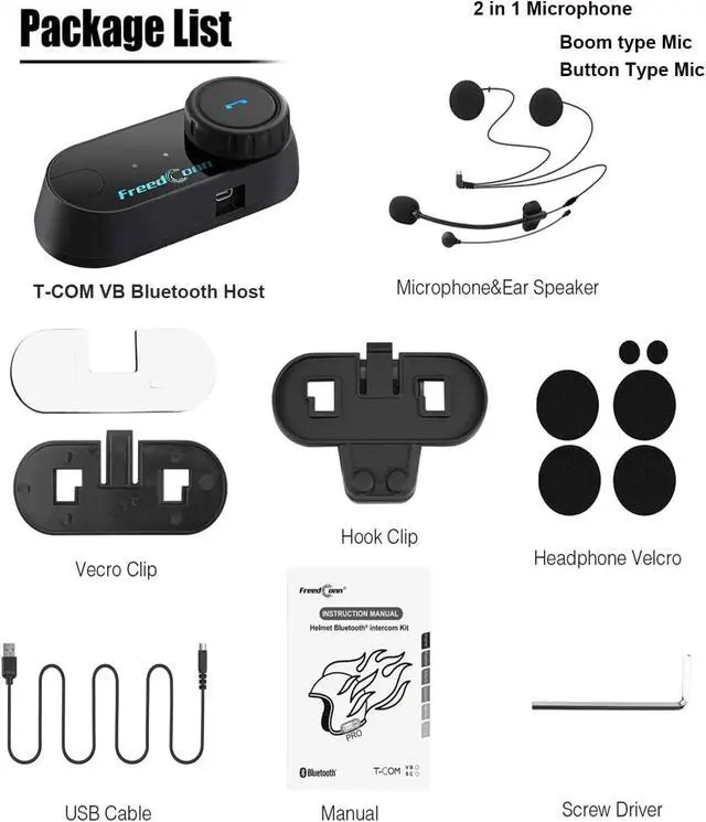 Alt view image 7 of 7 - Motorcycle Helmet Bluetooth Headset,TCOM VB with Music Sharing 2-Riders 800M Universal Intercom Communication Systems,Waterproof Motobike Interphone/FM/Siri/BT5.0/2 in 1 Mic for All Helmets
