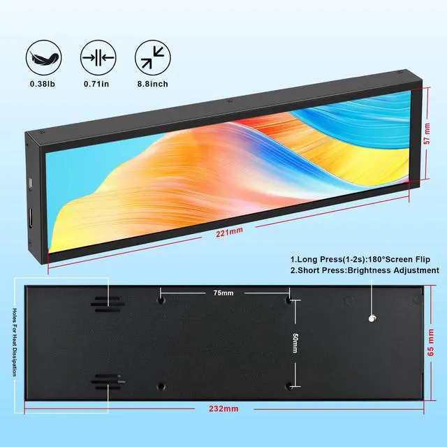 Alt view image 7 of 7 - 8.8 Inch FHD Computer Secondary Screen IPS 1920x480 LCD Display CPU Temperature Monitor with Casing for Computer Case Temperature Windows macOS Aida64 CPU GPU Monitor