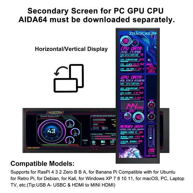 Alt view image 6 of 7 - 8.8 Inch FHD Computer Secondary Screen IPS 1920x480 LCD Display CPU Temperature Monitor with Casing for Computer Case Temperature Windows macOS Aida64 CPU GPU Monitor