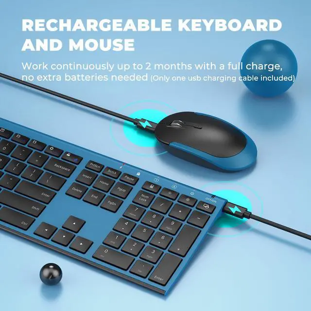 Alt view image 4 of 7 - Wireless Keyboard and Mouse, Vssoplor 2.4GHz Rechargeable Quiet Full-Size Keyboard and Mouse Combo with Nano USB Receiver for Windows, Laptop, PC, Notebook-Black and Blue