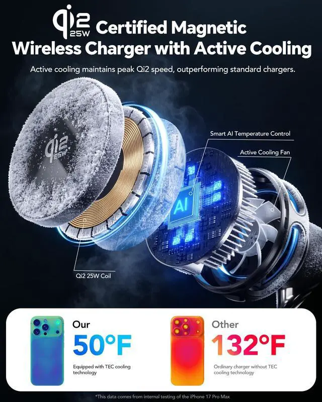 Alt view image 3 of 7 - Qi2.2 25W 3 in 1 Wireless Charging Station with TEC Active Cooling Mag-Safe Charger Stand,Magnetic Wireless Charger for iPhone 17-8,Galaxy S26/S25/S24,Apple/Samsung Watch,Pods/Buds(45W Included)