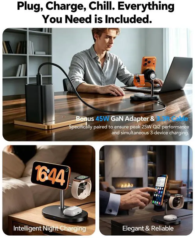 Alt view image 5 of 7 - Qi2.2 25W 3 in 1 Wireless Charging Station with TEC Active Cooling Mag-Safe Charger Stand,Magnetic Wireless Charger for iPhone 17-8,Galaxy S26/S25/S24,Apple/Samsung Watch,Pods/Buds(45W Included)