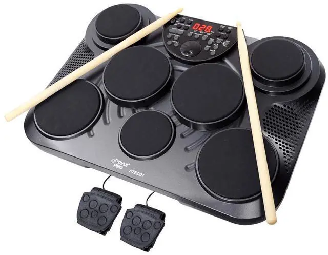 Main image of Electronic Tabletop Digital Drum Set, Compact Portable Drum Pad Kit w/ 8 Touch Sensitive Pads and Pedals, 600 Sounds, USB & Headphone Outputs, MIDI/AUX Inputs, 4x5 Drums & 4x3.5 Cymbals