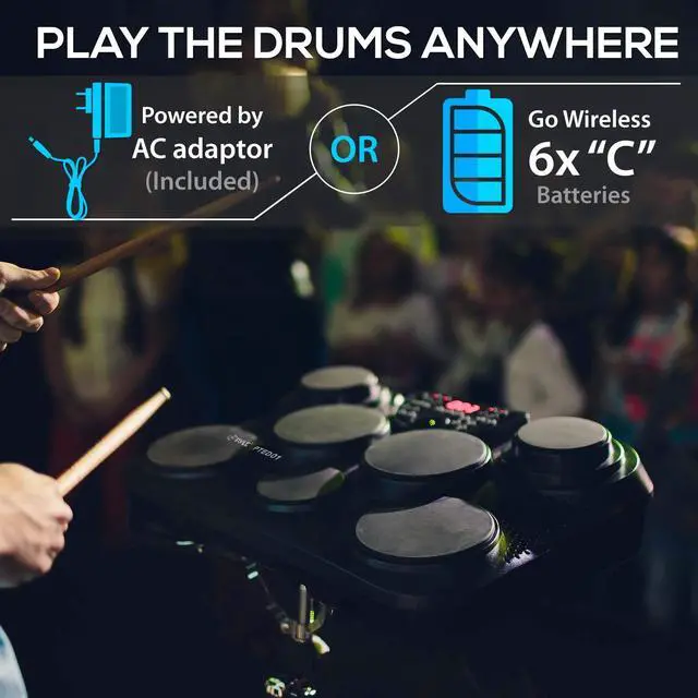 Alt view image 4 of 7 - Electronic Tabletop Digital Drum Set, Compact Portable Drum Pad Kit w/ 8 Touch Sensitive Pads and Pedals, 600 Sounds, USB & Headphone Outputs, MIDI/AUX Inputs, 4x5 Drums & 4x3.5 Cymbals
