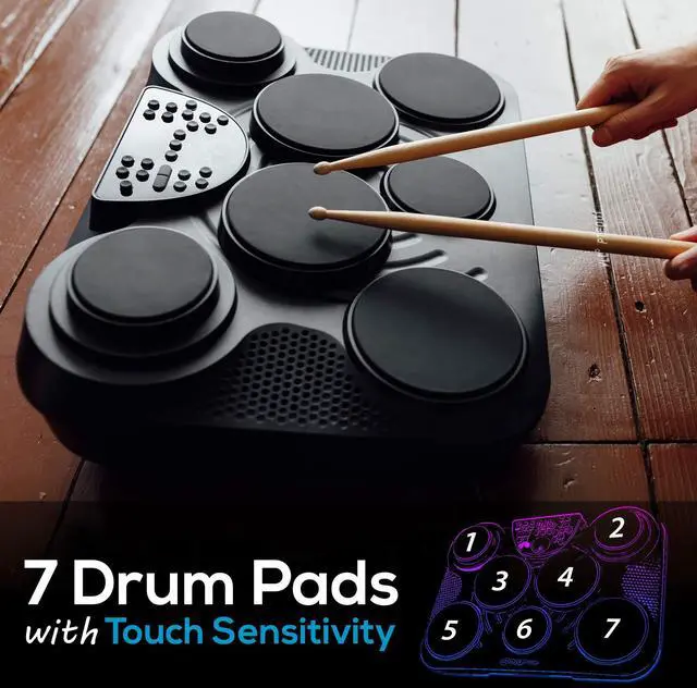 Alt view image 5 of 7 - Electronic Tabletop Digital Drum Set, Compact Portable Drum Pad Kit w/ 8 Touch Sensitive Pads and Pedals, 600 Sounds, USB & Headphone Outputs, MIDI/AUX Inputs, 4x5 Drums & 4x3.5 Cymbals