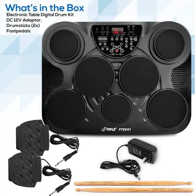 Alt view image 7 of 7 - Electronic Tabletop Digital Drum Set, Compact Portable Drum Pad Kit w/ 8 Touch Sensitive Pads and Pedals, 600 Sounds, USB & Headphone Outputs, MIDI/AUX Inputs, 4x5 Drums & 4x3.5 Cymbals