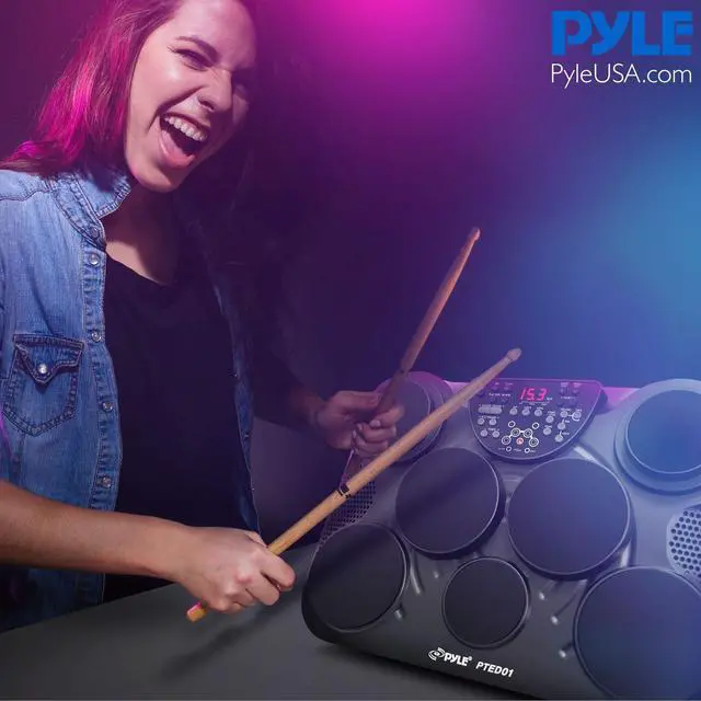 Alt view image 6 of 7 - Electronic Tabletop Digital Drum Set, Compact Portable Drum Pad Kit w/ 8 Touch Sensitive Pads and Pedals, 600 Sounds, USB & Headphone Outputs, MIDI/AUX Inputs, 4x5 Drums & 4x3.5 Cymbals