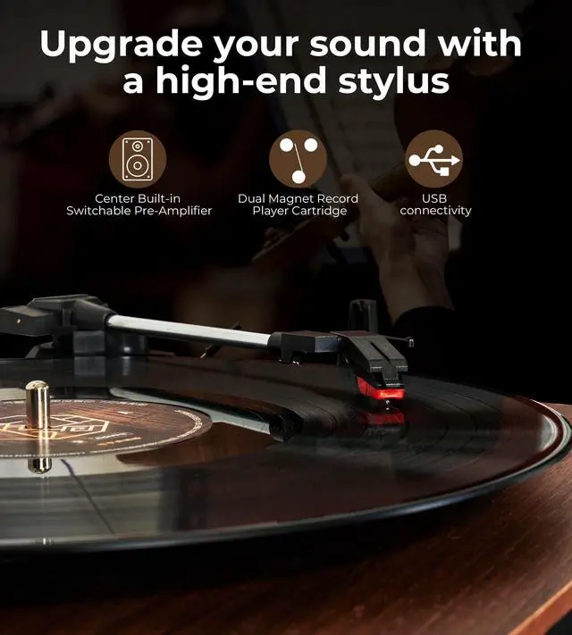 Alt view image 2 of 7 - Vinyl Record Player with External Speakers, 3 Speed Belt-Drive Turntable for Vinyl Records, Portable Bluetooth LP Players, Walnut Wood Vintage Record Player for 33/45/78 RPM, Auto Stop