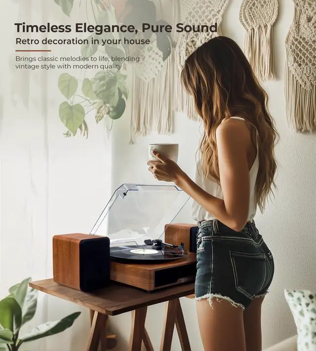 Alt view image 5 of 7 - Vinyl Record Player with External Speakers, 3 Speed Belt-Drive Turntable for Vinyl Records, Portable Bluetooth LP Players, Walnut Wood Vintage Record Player for 33/45/78 RPM, Auto Stop