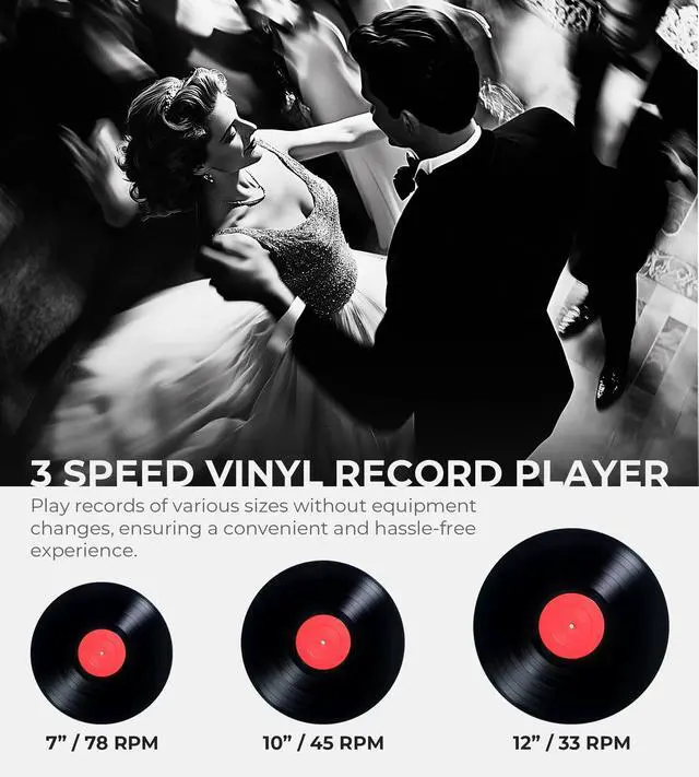 Alt view image 6 of 7 - Vinyl Record Player with External Speakers, 3 Speed Belt-Drive Turntable for Vinyl Records, Portable Bluetooth LP Players, Walnut Wood Vintage Record Player for 33/45/78 RPM, Auto Stop