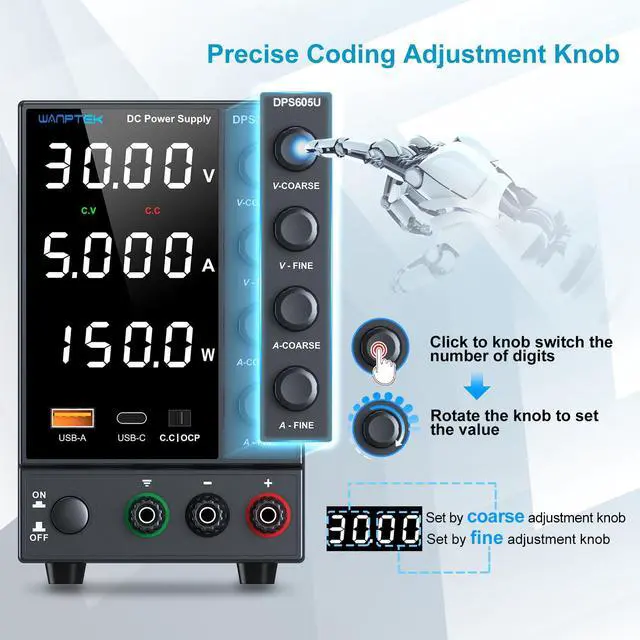 Alt view image 2 of 7 - DC Power Supply 0-60V 0-5A, Bench Power Supply with Encoder Knob, Adjustable Regulated Power Supply with 5V 3.6A USB & Type-C Quick-Charge, Variable Power Supply with Overcurrent Protection