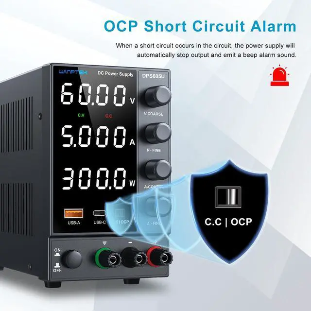Alt view image 3 of 7 - DC Power Supply 0-60V 0-5A, Bench Power Supply with Encoder Knob, Adjustable Regulated Power Supply with 5V 3.6A USB & Type-C Quick-Charge, Variable Power Supply with Overcurrent Protection