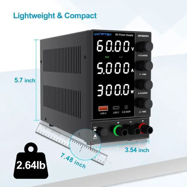 Alt view image 5 of 7 - DC Power Supply 0-60V 0-5A, Bench Power Supply with Encoder Knob, Adjustable Regulated Power Supply with 5V 3.6A USB & Type-C Quick-Charge, Variable Power Supply with Overcurrent Protection