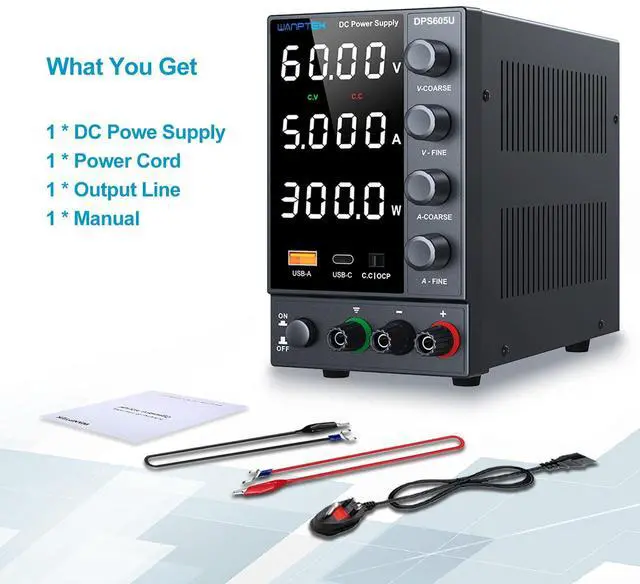 Alt view image 6 of 7 - DC Power Supply 0-60V 0-5A, Bench Power Supply with Encoder Knob, Adjustable Regulated Power Supply with 5V 3.6A USB & Type-C Quick-Charge, Variable Power Supply with Overcurrent Protection
