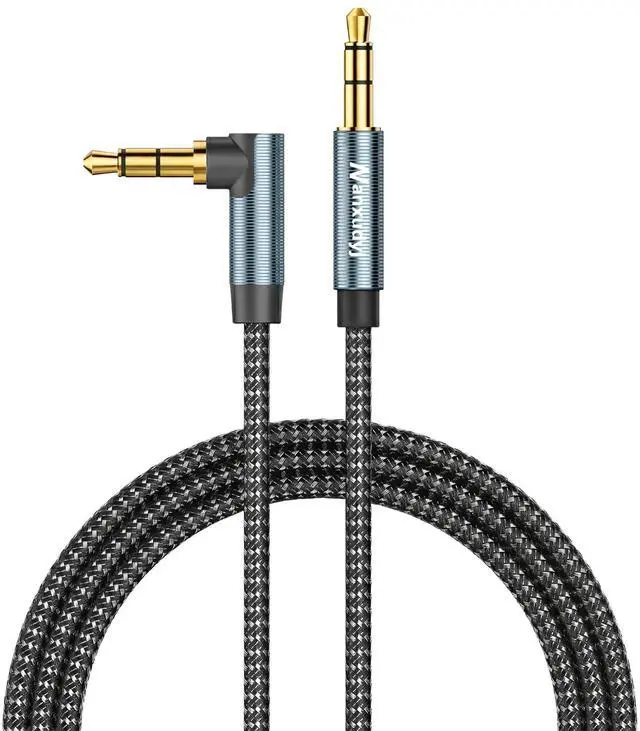 Main image of AUX Cord 6ft, 3.5mm Stereo Audio Cable 90 Degree Right Angle Nylon Braided Male to Male for Car, Headphones, Speaker, PS4/PS5, PC, Tablets - Hi-Fi Sound Portable TRS Auxiliary Cable