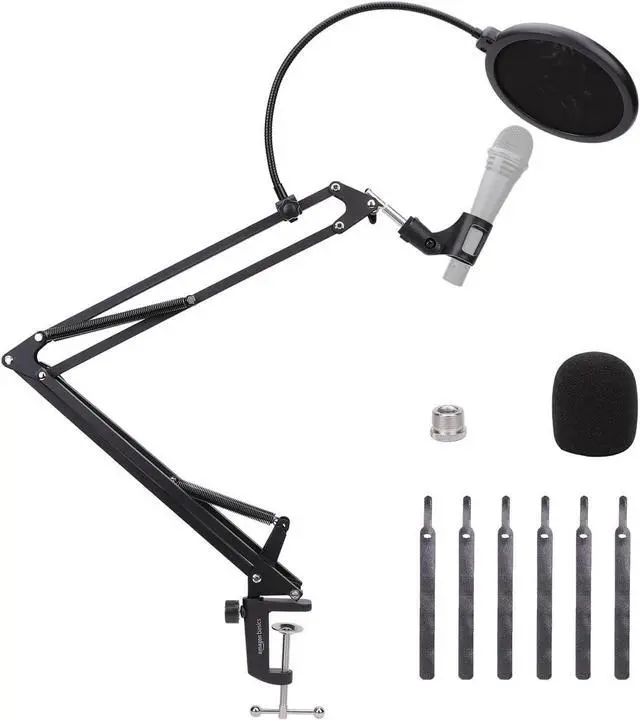 Main image of Adjustable Microphone Boom Arm Stand, 14 inch, Supports Standard Microphones, Adjustable Tension, Includes Pop Filter & Windscreen, Desk Clamp Mount, Black