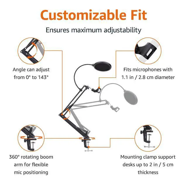 Alt view image 2 of 6 - Adjustable Microphone Boom Arm Stand, 14 inch, Supports Standard Microphones, Adjustable Tension, Includes Pop Filter & Windscreen, Desk Clamp Mount, Black