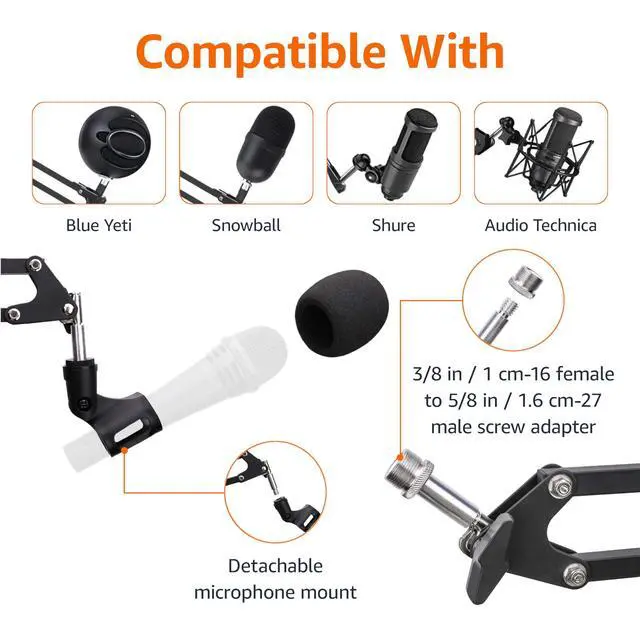 Alt view image 3 of 6 - Adjustable Microphone Boom Arm Stand, 14 inch, Supports Standard Microphones, Adjustable Tension, Includes Pop Filter & Windscreen, Desk Clamp Mount, Black