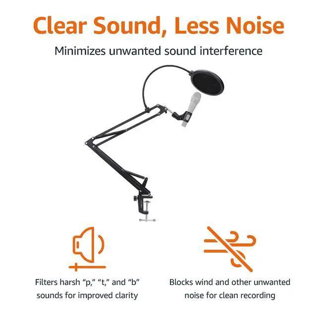 Alt view image 4 of 6 - Adjustable Microphone Boom Arm Stand, 14 inch, Supports Standard Microphones, Adjustable Tension, Includes Pop Filter & Windscreen, Desk Clamp Mount, Black