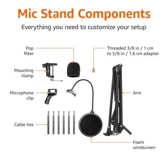 Alt view image 5 of 6 - Adjustable Microphone Boom Arm Stand, 14 inch, Supports Standard Microphones, Adjustable Tension, Includes Pop Filter & Windscreen, Desk Clamp Mount, Black