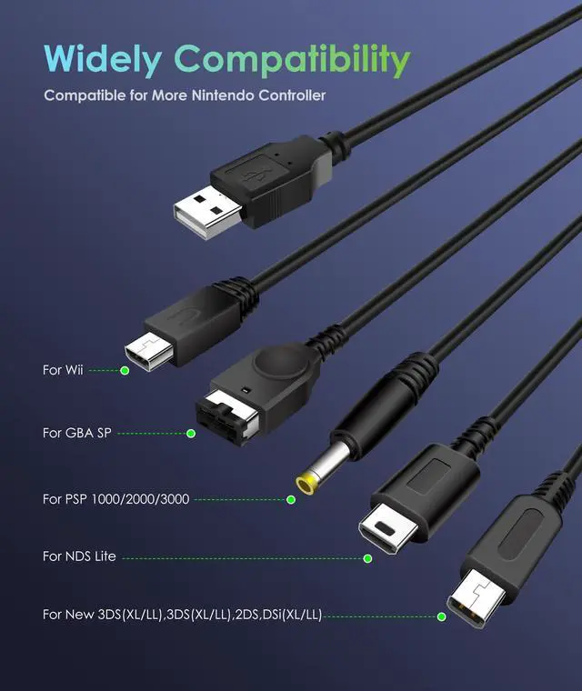 Alt view image 3 of 6 - 5 in 1 USB Charger Cable for Nintendo DS Lite/Wii U/New 3DS 3DS 2DS DSi (XL/LL),NDS/Gameboy Advance SP, PSP 1000 2000 3000, Multi-Functional USB Charging Cord with Cable Tie