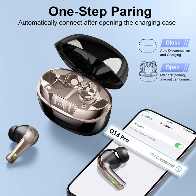 Alt view image 5 of 7 - Wireless Earbuds Stereo Sound in Ear Headphones, 47H Playtime, LED Display Noise Cancelling EarBuds Deep Bass with 4 Mic ENC Clear Calls, Bluetooth 5.4 Headphones, Touch Control, IP7 Waterproof
