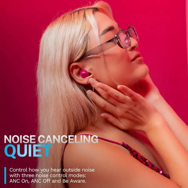 Alt view image 2 of 7 - Go Pop ANC True Wireless Earbuds & Charging Case, Fuchsia, Active Noise Cancelling, 10mm Drivers, Dual Connect, Customize Your Sound with App, Be Aware Mode, Compact Fit, MEMS Microphone