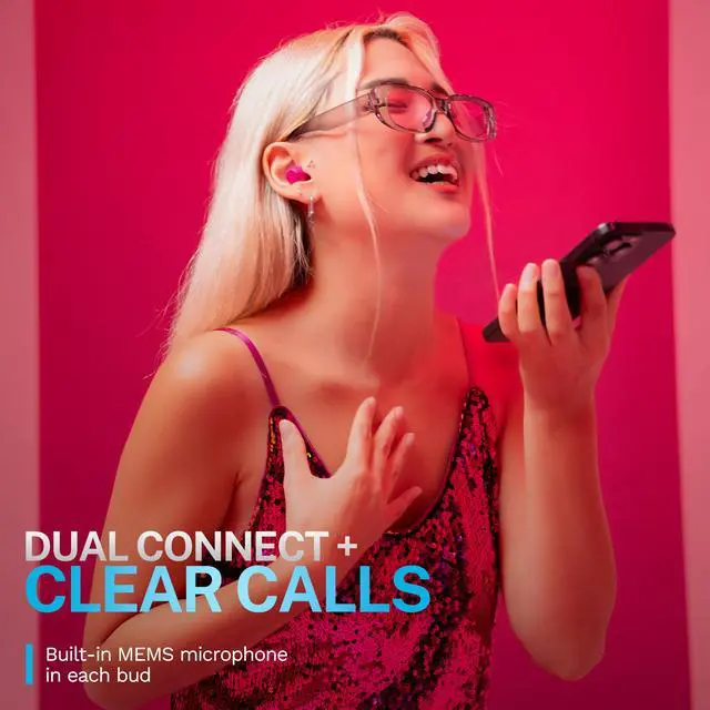 Alt view image 5 of 7 - Go Pop ANC True Wireless Earbuds & Charging Case, Fuchsia, Active Noise Cancelling, 10mm Drivers, Dual Connect, Customize Your Sound with App, Be Aware Mode, Compact Fit, MEMS Microphone