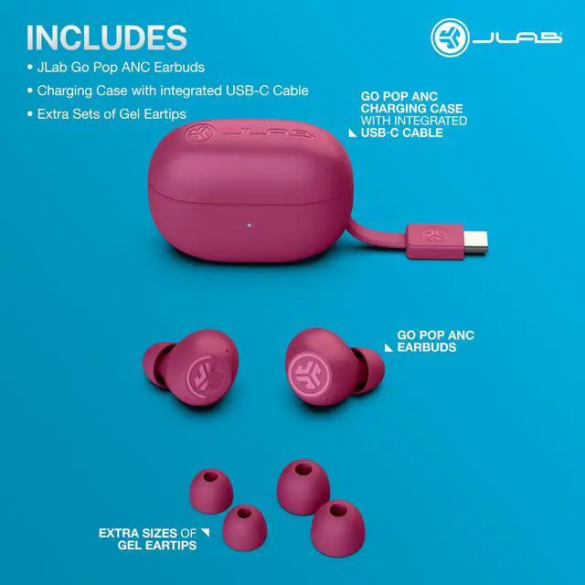 Alt view image 7 of 7 - Go Pop ANC True Wireless Earbuds & Charging Case, Fuchsia, Active Noise Cancelling, 10mm Drivers, Dual Connect, Customize Your Sound with App, Be Aware Mode, Compact Fit, MEMS Microphone