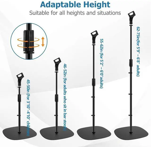 Alt view image 3 of 7 - Microphone Stand Floor, 45''-75'' Height Adjustable Boom Mic Stand with Weighted Base, 2 Clips & 3/8'' to 5/8'' Adapter Compatible with Blue Yeti HyperX QuadCast Shure SM58