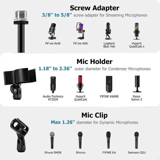 Alt view image 4 of 7 - Microphone Stand Floor, 45''-75'' Height Adjustable Boom Mic Stand with Weighted Base, 2 Clips & 3/8'' to 5/8'' Adapter Compatible with Blue Yeti HyperX QuadCast Shure SM58