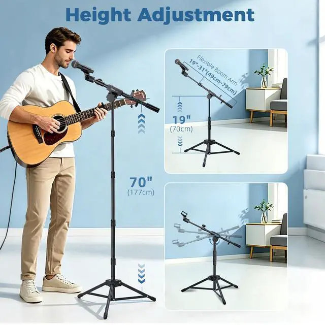 Alt view image 6 of 7 - Microphone Floor Stand with Phone/Tablet Holder, Adjustable Boom Mic Stand with Heavy-Duty Base, Dual Device Mount for Streaming, Podcasting, Recording, and Live Performances GMS-04